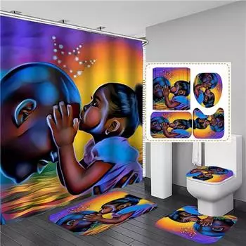 Элегантный черный афроамериканский женский комплект занавесок для душа с принтом, 4 шт., полный комплект, водонепроницаемые шторы для ванной комнаты, противоскользящие коврики для ванной, ковры, коврики 4PCS Full Set