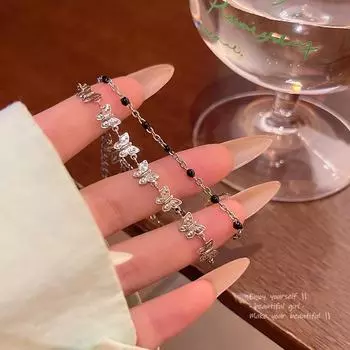 Элегантный черный двухслойный браслет-бабочка из бисера для женщин S586 серебряный