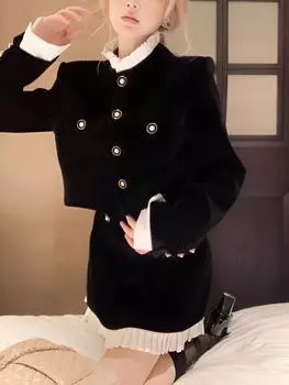 Элегантный черный комплект из двух предметов Hepburn Velvet, французский винтажный костюм с юбкой для вечеринки, осенне-зимний теплый комплект для выпускного в корейском стиле S чёрный