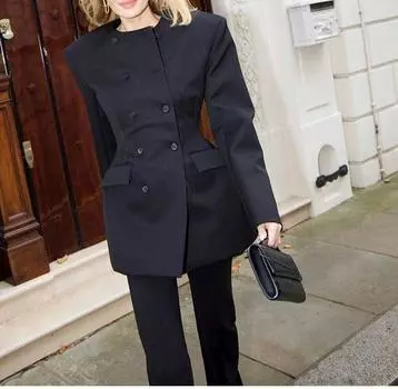 Элегантный черный костюм женский пиджак круглый вырез подплечники двубортные пальто женские 2025 весна новые верхние одежды леди S чёрный