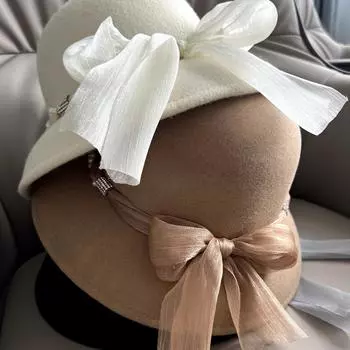 Элегантный цилиндр в стиле Хепберн для женщин, сетчатый бант на осень и зиму, новый стиль, французская ретро-шляпа из шерсти с небольшим ароматом 55-58cm