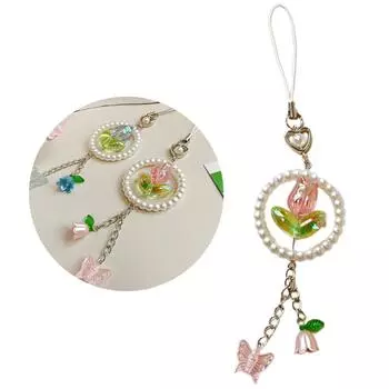 Элегантный цветок бабочка телефонный брелок с бусинами акриловый мобильный аксессуар сумка кулон брелок для модных женщин розовый