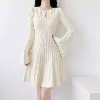 Элегантный дизайн Sense Bell Sleeve Knit Dress Женское осенне-зимнее однотонное милое облегающее плиссированное платье Корейская мода Hollow Out Design Короткое платье S абрикосовый