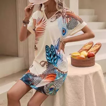 Элегантный дизайн женское платье платье с V-образным вырезом повседневная свободная женская одежда модные женские платья с короткими рукавами S абрикосовый