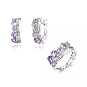Элегантный дизайнерский шикарный серебряный комплект колец и серег для женщин, натуральный аметист, февральский камень, роскошные ювелирные изделия, подарок на помолвку US RING SIZE:7# фиолетовый