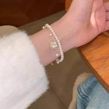 Элегантный двухслойный браслет и кольцо из жемчуга «Камелия»: Универсальные, высококачественные аксессуары для женщин Double Camellia Pearl Bracelet