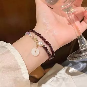 Элегантный двухслойный браслет из бисера и граната для женщин: Китайские ретро-стили, складывающиеся в стопку ювелирные изделия