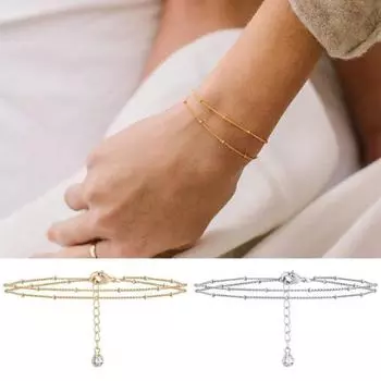 Элегантный двухслойный инкрустированный браслет, регулируемый браслет, удлинительная цепочка со стразами, женский металлический браслет серебряный