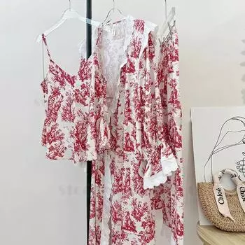 Элегантный французский цветочный принт пижама брючный костюм пижама комплект из трех предметов весна осень женский халат домашняя одежда повседневная домашняя одежда L