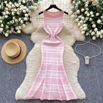 Элегантный французский О-образный вырез, винтажное без рукавов, полосатый шик, трикотаж, облегающее длинное платье-труба, одежда для отдыха на улице One Size розовый