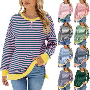 Элегантный и модный осенне-зимний удобный круглый вырез в полоску сращивание открытый свободный свитер с длинными рукавами куртка пуловер рубашка толстовки S