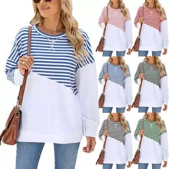 Элегантный и модный осенне-зимний удобный круглый воротник в полоску сращивание повседневный длинный рукав толстовка топ пуловер толстовка толстовки S