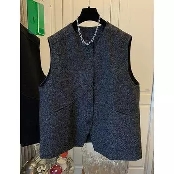 Элегантный и шикарный шерстяной жилет без рукавов для женщин, осенний свободный крой, жилет-куртка в благородном стиле M
