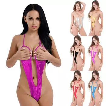 Элегантный и удобный женский открытый бюст пижамы из искусственной кожи боди