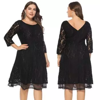 Элегантный и женственный: Однотонное кружевное платье для пышных женщин XL чёрный