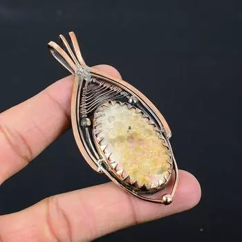 Элегантный ископаемый коралловый драгоценный камень из чистой медной проволоки, завернутый в подвеску ручной работы, ювелирные изделия 3.35 Inches жёлтый