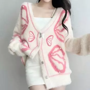 Элегантный кардиган Y2k, пальто, женский повседневный свободный модный свитер с v-образным вырезом, элегантный вязаный свитер с длинными рукавами, осень 2023, корейский стиль S белый