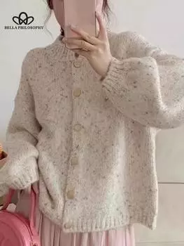 Элегантный кардиган, женский повседневный свитер, ретро-серый однотонный свободный карман, однобортный, с круглым вырезом, модный универсальный джемпер, женские топы, верхняя одежда one size белый