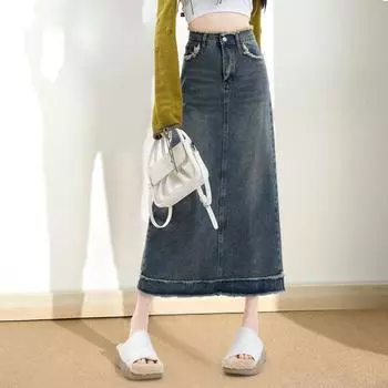 Элегантный классический женский дизайн с необработанными краями, женская высокая талия, ретро, тонкая, средней длины, пакет, бедра, летняя универсальная, удобная, модная джинсовая юбка-бюстье S джинсовый
