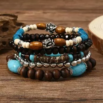 Элегантный комплект браслетов из бирюзового богемского бисера для женщин, многослойные эластичные деревянные бусины, праздничные украшения, аксессуары