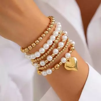 Элегантный комплект браслетов с жемчужными бусинами: Европейский и американский стиль с подвеской в виде сердца. 5620 золотой