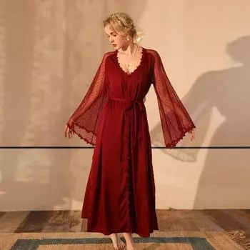 Элегантный комплект из атласной ночной рубашки в горошек и вышитого халата с длинными рукавами для женщин M белый