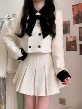 Элегантный комплект из двух предметов для вечеринки во Франции, женское короткое пальто с бантом + плиссированная юбка с высокой талией, комплект из шикарной юбки в корейском стиле 2024 года, новинка S бежевый