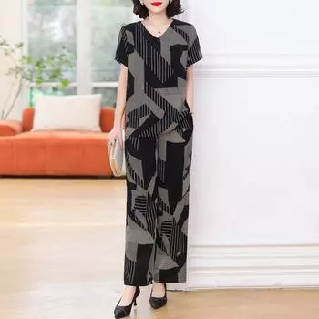 Элегантный комплект из двух предметов размера плюс XL-6XL, женский топ и брюки, свободные комплекты брюк с эластичным поясом и винтажным принтом XL