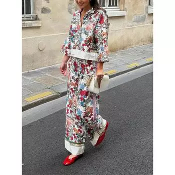 Элегантный комплект из двух предметов с цветочным принтом, женские эстетические широкие брюки + топы с длинными рукавами, женские модные шикарные повседневные уличные костюмы S красный