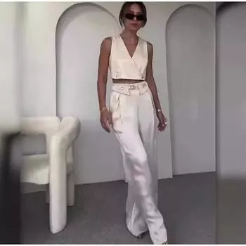 Элегантный комплект из майки и брюк, женский однотонный жилет без рукавов на пуговицах, широкие брюки на молнии, комплект для летних поездок на работу 2024 года XS белый