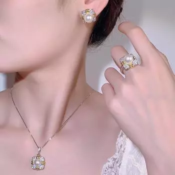 Элегантный комплект из ретро-колец, серьги с жемчугом, легкая роскошь, высококачественная цепочка на ключицу для защиты от холодного ветра, женский комплект из трех предметов