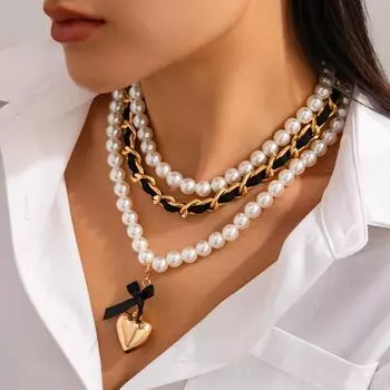 Элегантный комплект из жемчужной ленты с подвеской в виде сердца necklace set 5695 золотой