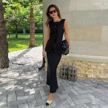 Элегантный комплект из жилета и юбки, женский костюм из 2 предметов, белый квадратный воротник, однобортный топ с высокой талией, комплект из юбок, летний женский наряд S белый