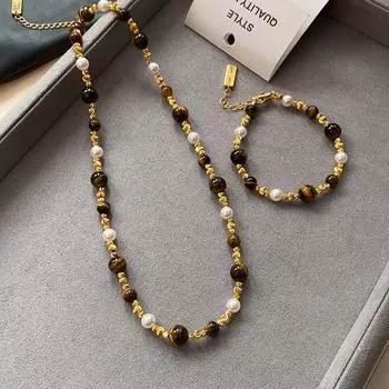 Элегантный комплект ожерелий с тигровым глазом и жемчугом для женщин RF574 золотой