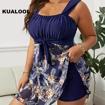Элегантный комплект танкини больших размеров, женский комплект из 2 предметов с контрастным тропическим принтом и завязкой спереди, платье-майка и трусики, купальник XL чёрный
