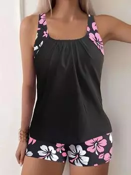 Элегантный комплект танкини из 2 предметов с черным тропическим принтом и фиолетовыми цветочными акцентами - эластичная смесь полиэстера и эластана, без рукавов, со сборками, женский купальник S