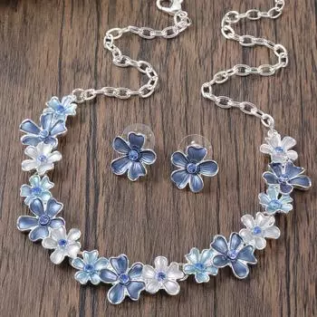 Элегантный комплект украшений из посеребренного сплава для женщин - регулируемое эмалированное ожерелье и серьги, идеально подходит для свадеб и годовщин синий