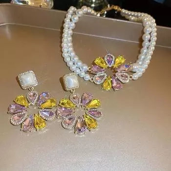 Элегантный комплект украшений из серебристой иглы со стразами, каплями воды, цветком и жемчужными акцентами Silvery Needle - Purple