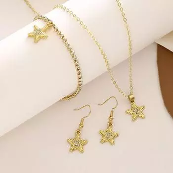 «Элегантный комплект украшений в виде звезд»: Ожерелье, серьги, браслет в европейском и американском стиле - 3 предмета 3-piece set золотой