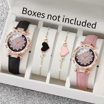 Элегантный комплект женских часов из 4 предметов: 2 модных кварцевых часа со стразами и лепестковым циферблатом и 2 браслета в форме сердца — ремешок из искусственной кожи, корпус из цинкового сплава