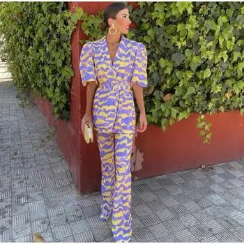 Элегантный контрастный комплект брюк для женщин, комплект из 2 предметов, шикарные узкие расклешенные брюки с короткими рукавами, новинка 2024 года, женские комплекты в одинаковых комплектах S фиолетовый