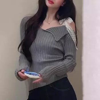 Элегантный косой вырез сексуальный пуловер вязаные свитера женские осенние облегающие лоскутные кружевные асимметричные свитера женские повседневные базовые трикотажные изделия одежда 25349 S серый