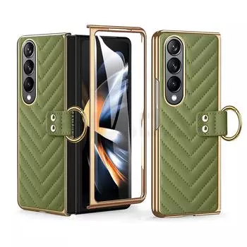 Элегантный кожаный держатель-кольцо с покрытием для Samsung Galaxy Z Fold 6 5 4 3 Магнитный чехол с закаленной пленкой Складной противоударный чехол For Galaxy Z Fold 3 синий