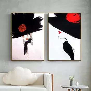 Элегантный красный цветок черная шляпа дама картина холст печать на стене минималистский художественный постер красивая женщина картина для гостиной домашний декор 21x30cm No Framed