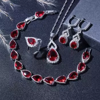 Элегантный красный кристалл посеребренный капля воды свадебные комплекты ювелирных изделий для женщин серьги ожерелье регулируемое кольцо браслет resizable