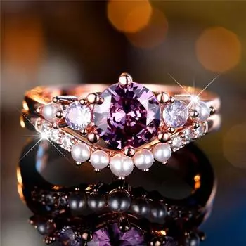 Элегантный круглый фиолетовый циркон искусственный жемчуг кольца набор для женщин изысканный розово-золотой цвет циркон кольцо винтажные ежедневные вечерние украшения лучший подарок 6 розового золота/фиолетовый
