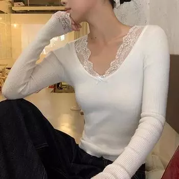 Элегантный кружевной вязаный свитер с V-образным вырезом для женщин 2024 года, новая корейская мода, тонкие однотонные повседневные свитера, женская простая одежда 2571 One size белый