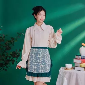 Элегантный кружевной вышитый полуфартук, моющийся полуфартук с оборками, обеденный фартук на половину тела синий