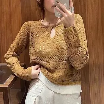 Элегантный модный повседневный пуловер, свитера, осенний вязаный свитер с длинным рукавом, женский офисный женский простой однотонный трикотажный топ с круглым вырезом 24833 One Size чёрный