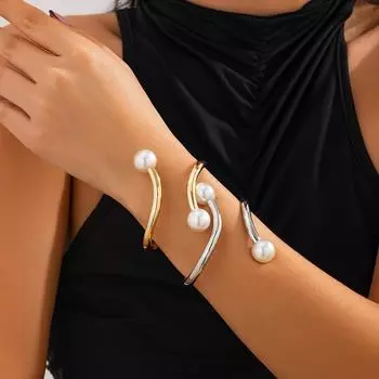 Элегантный нерегулярный металлический жемчужный открытый браслет: Европейский и американский стиль 2675 золотой
